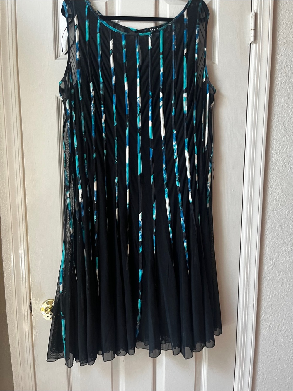 S.L. Fashions Teal and Black Printed Party Dress